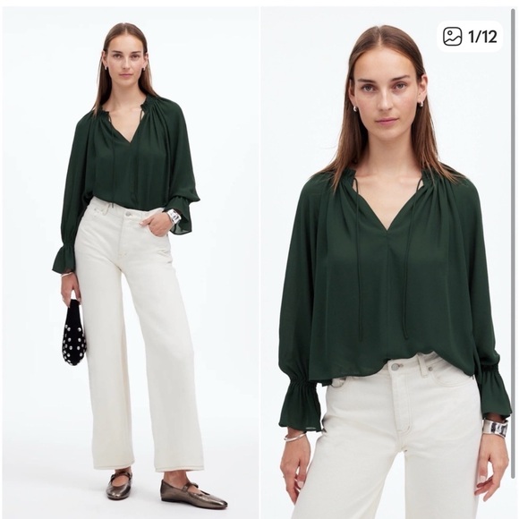 Madewell Tops - Madewell Tie Neck Blouse with Ruffle Sleeves